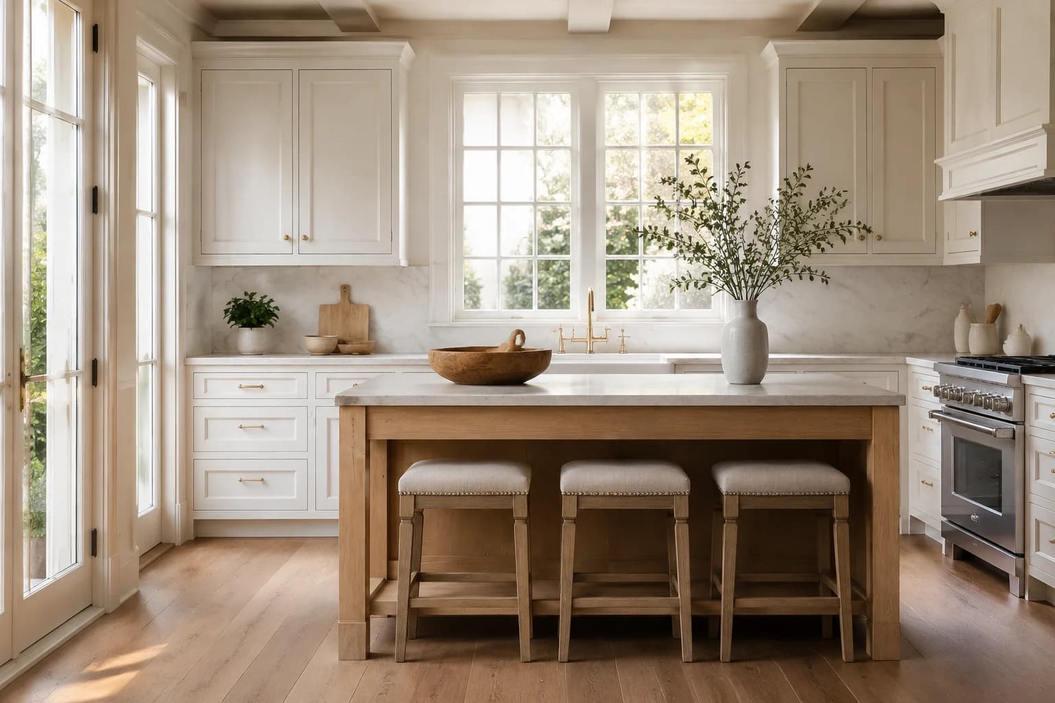 Kitchen design study with chalk white shaker cabinets, marble, and a natural oak island.